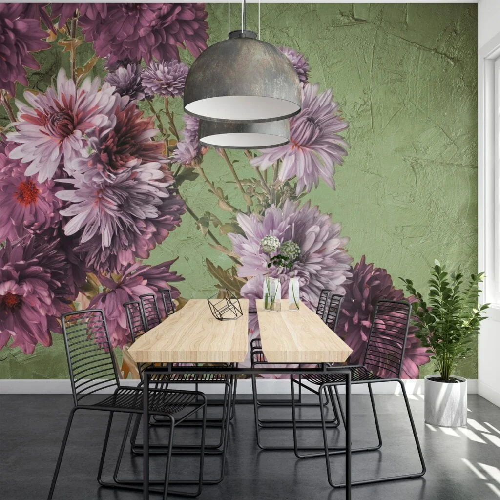 Majestic Purple Flowers on Green Background Wallpaper, Peel and Stick Self Adhesive Removable Wall Mural, Perfect for a Statement Wall