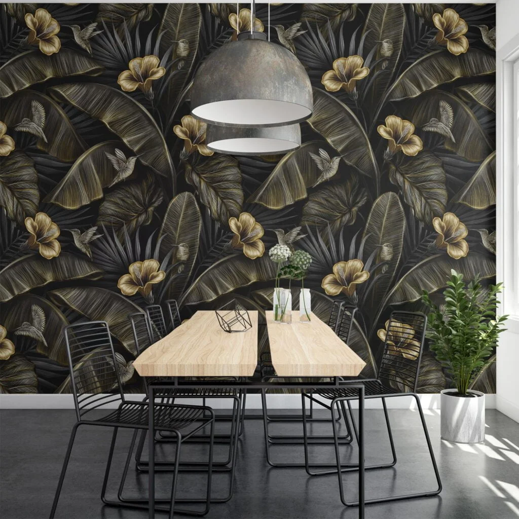 Golden Blooms and Dark Leaves Wallpaper, Botanical Self Adhesive Wall Mural with a Bold and Dramatic Look