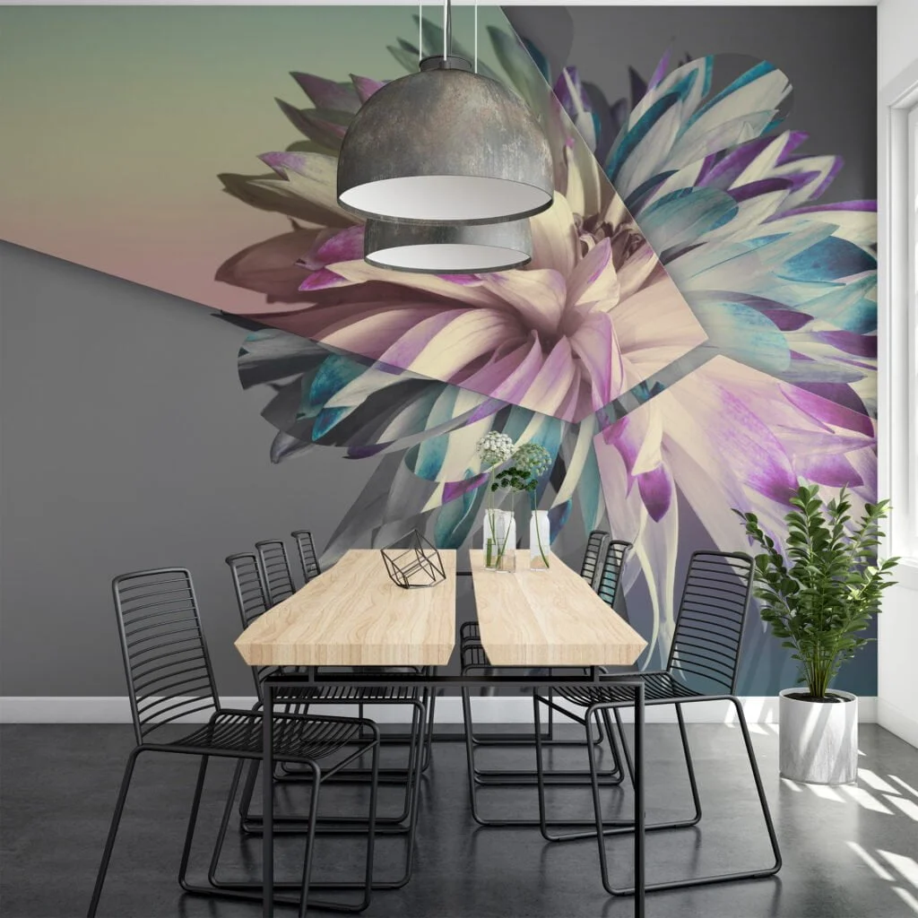 Sophisticated Abstract Flower Wallpaper on Grey Background, Modern Self Adhesive Wall Mural for Bedrooms