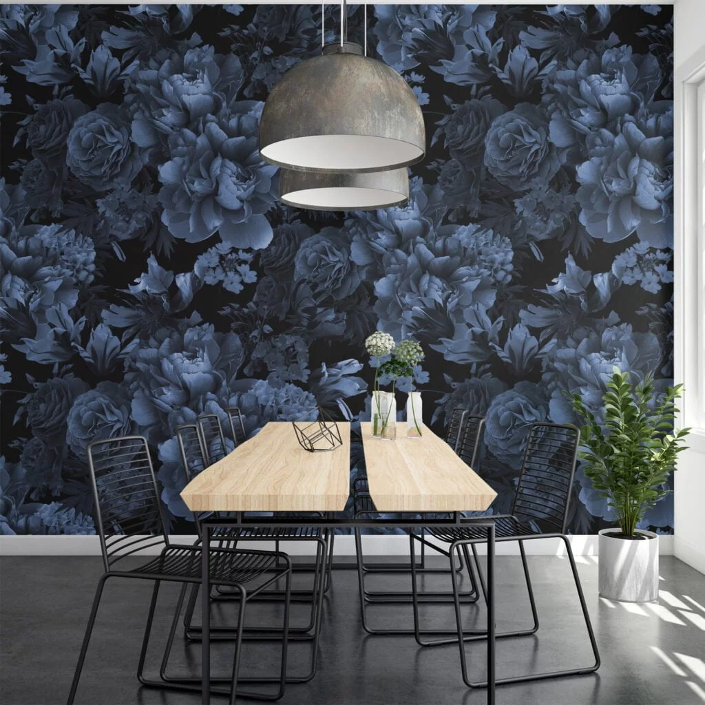 Dark Blue Flower Bouquet Wallpaper, Removable Peel and Stick Floral Wall Mural, Self Adhesive Wallpaper for Living Room and Bedroom Decor