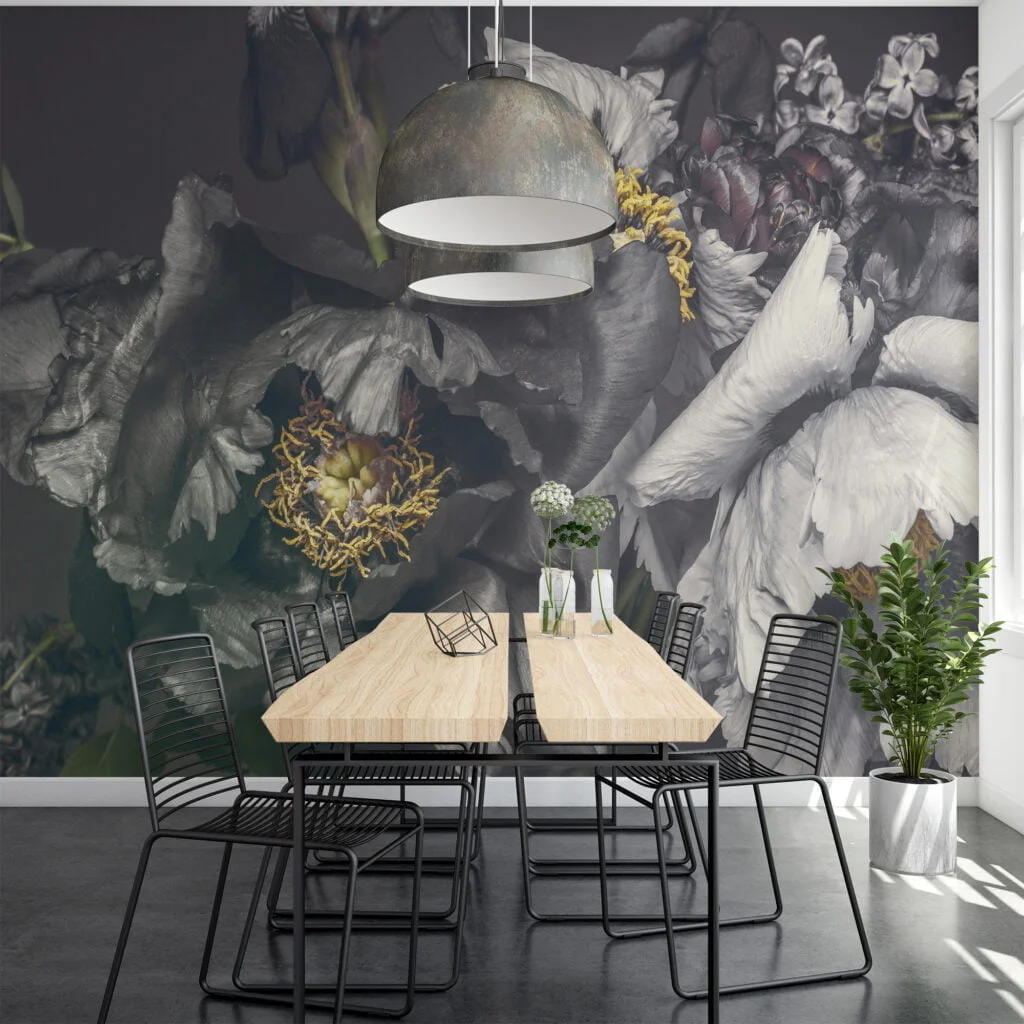 Grey Peony Flowers Wallpaper, Large Self Adhesive Wall Mural for Bedroom, Removable Peel and Stick Floral Wallpaper Design