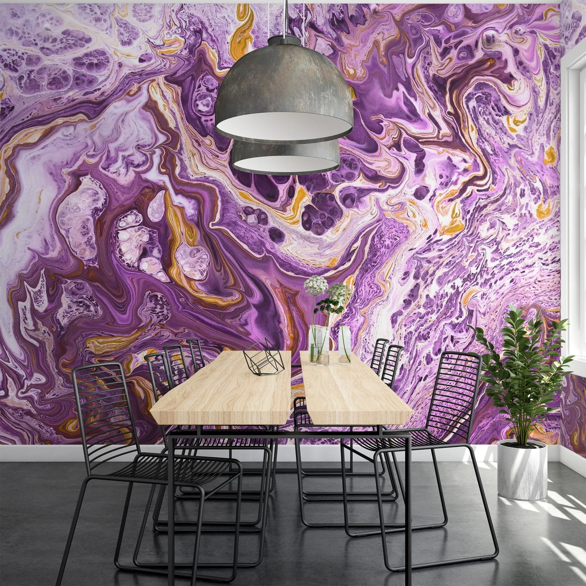Purple and Gold Marble Wallpaper - Elegant Ink Splash Wall Covering for Stylish Room