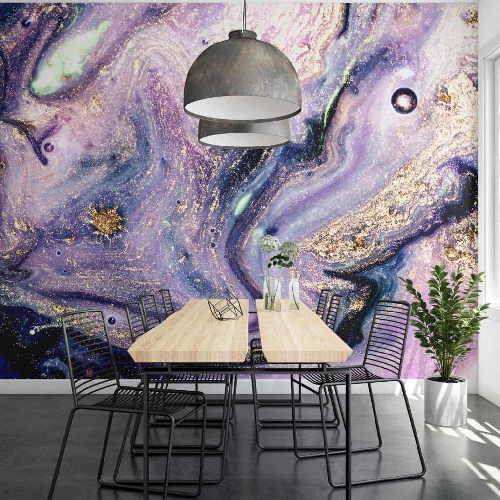 Grunge Purple and Gold Ink Wallpaper - Distressed Liquid Wall Covering with Black Background