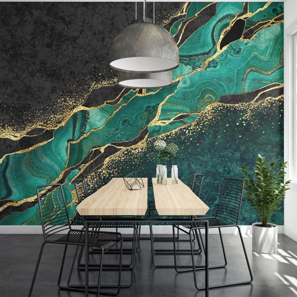 Opulent Emerald Green and Gold Marble Textured Wallpaper for a Glamorous Interior