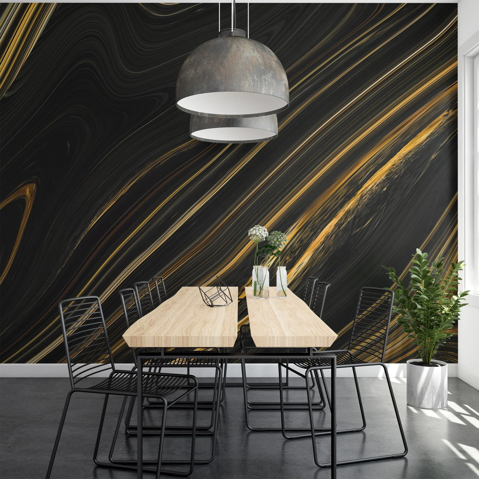 Contemporary Black and Gold Fluid Abstract Wallpaper for a Modern and Stylish Look