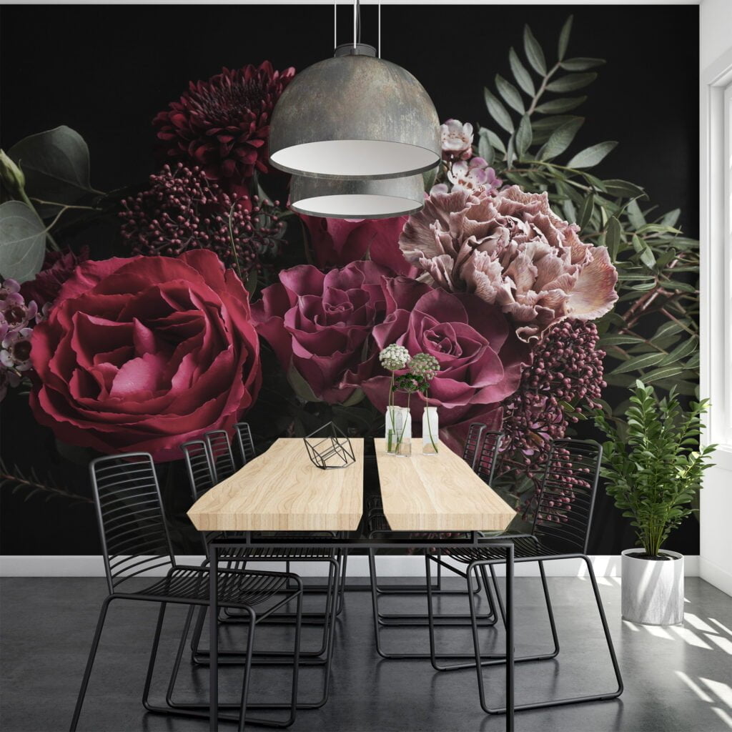 Chic and Stylish Dark Themed Rose Bouquet Wallpaper, Peel and Stick Removable Wall Mural, Self Adhesive Floral Pattern