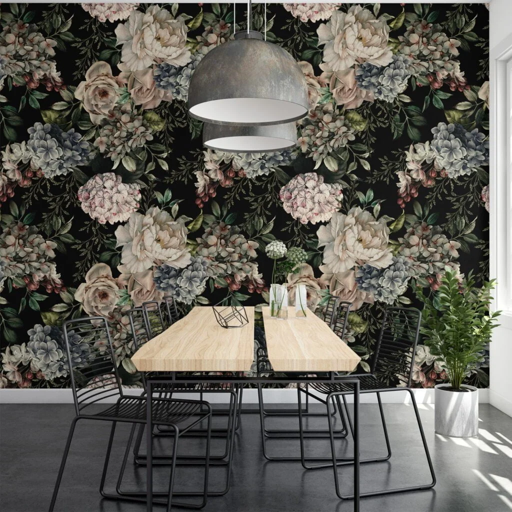 Modern Dark Themed Flowers and Leaves Wallpaper, Peel and Stick Self Adhesive Removable Wall Mural, Abstract Botanical Pattern for Living Room Decor