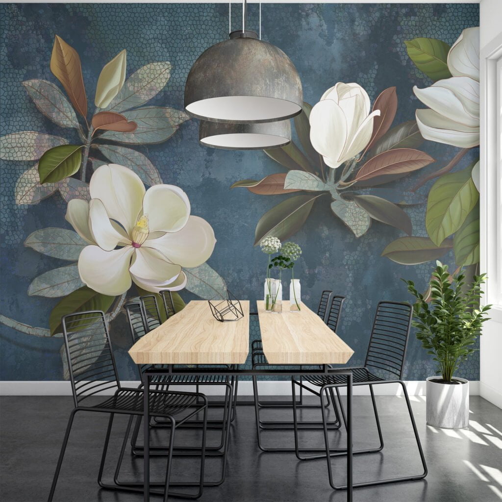 Large White Magnolia Flowers on Green Leafy Background Wallpaper, Peel and Stick Self Adhesive Removable Wall Mural, Nature-Themed Floral Print