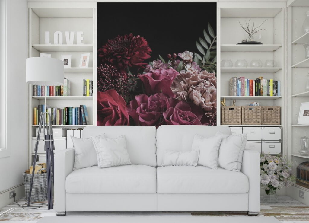 Chic and Stylish Dark Themed Rose Bouquet Wallpaper, Peel and Stick Removable Wall Mural, Self Adhesive Floral Pattern