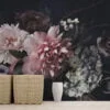 Pink Flowers With Dark Background Wallpaper, Romantic and Moody Peel and Stick Wall Mural, Self Adhesive Removable Wallpaper for a Glamorous and Luxe Bedroom