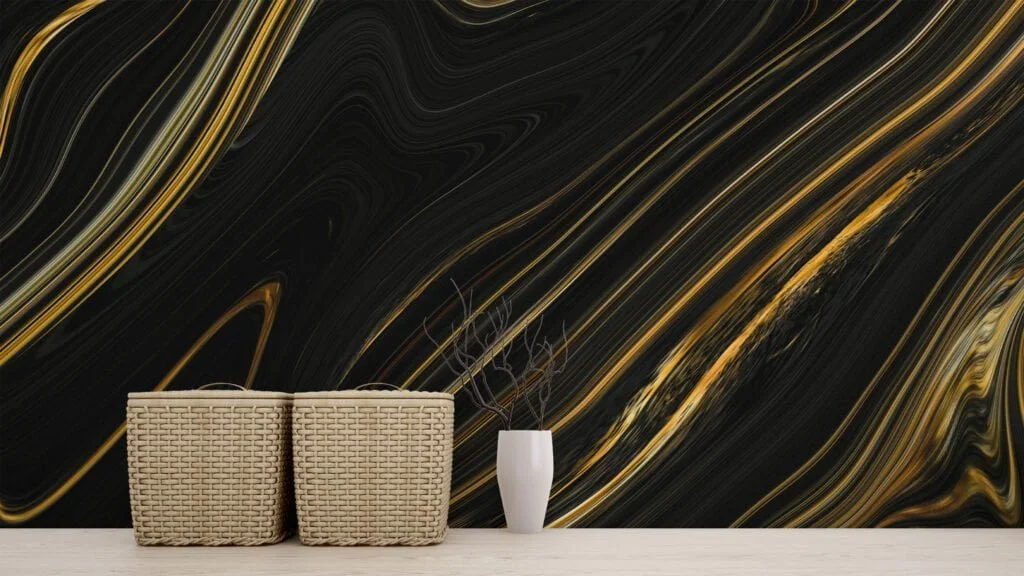 Contemporary Black and Gold Fluid Abstract Wallpaper for a Modern and Stylish Look