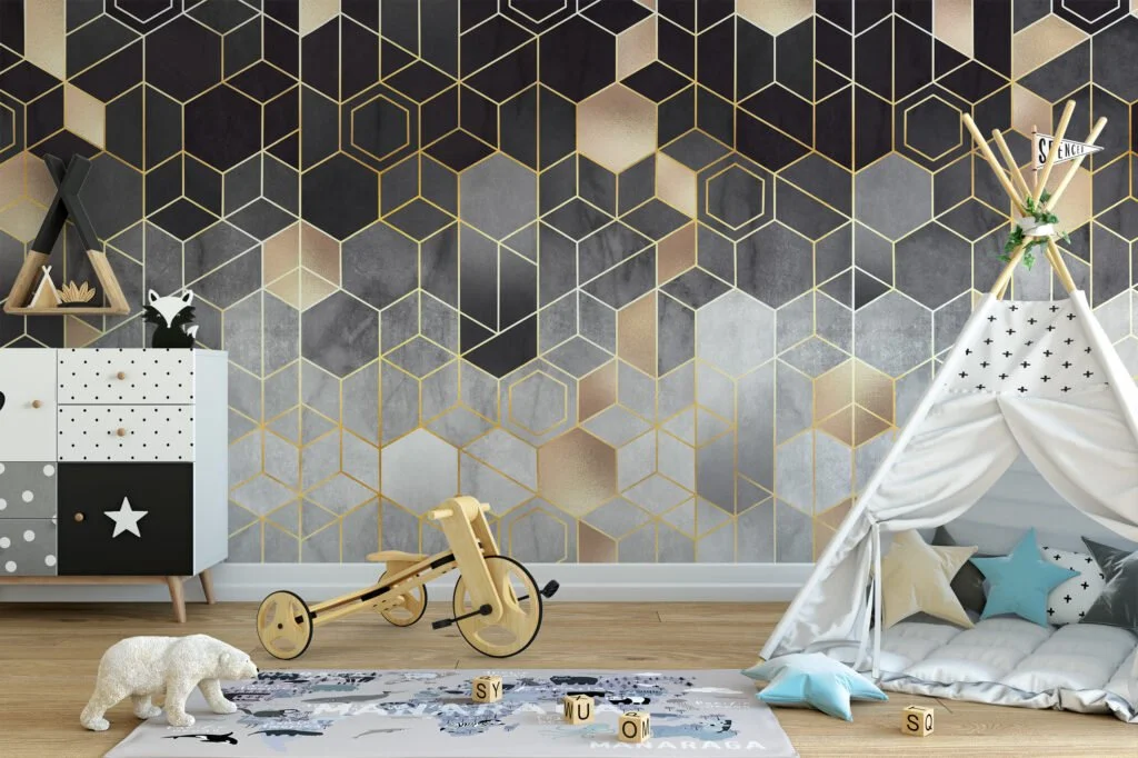 Geometric Black and Gold Hexagon Wallpaper - A Sophisticated Addition to Your Living Room, Bedroom, Bathroom, and Office Walls