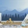 Serene Blue Hues Mountains and Trees Illustration Wallpaper for a Tranquil and Minimalist Space