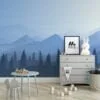Serene Blue Hues Mountains and Trees Illustration Wallpaper for a Tranquil and Minimalist Space