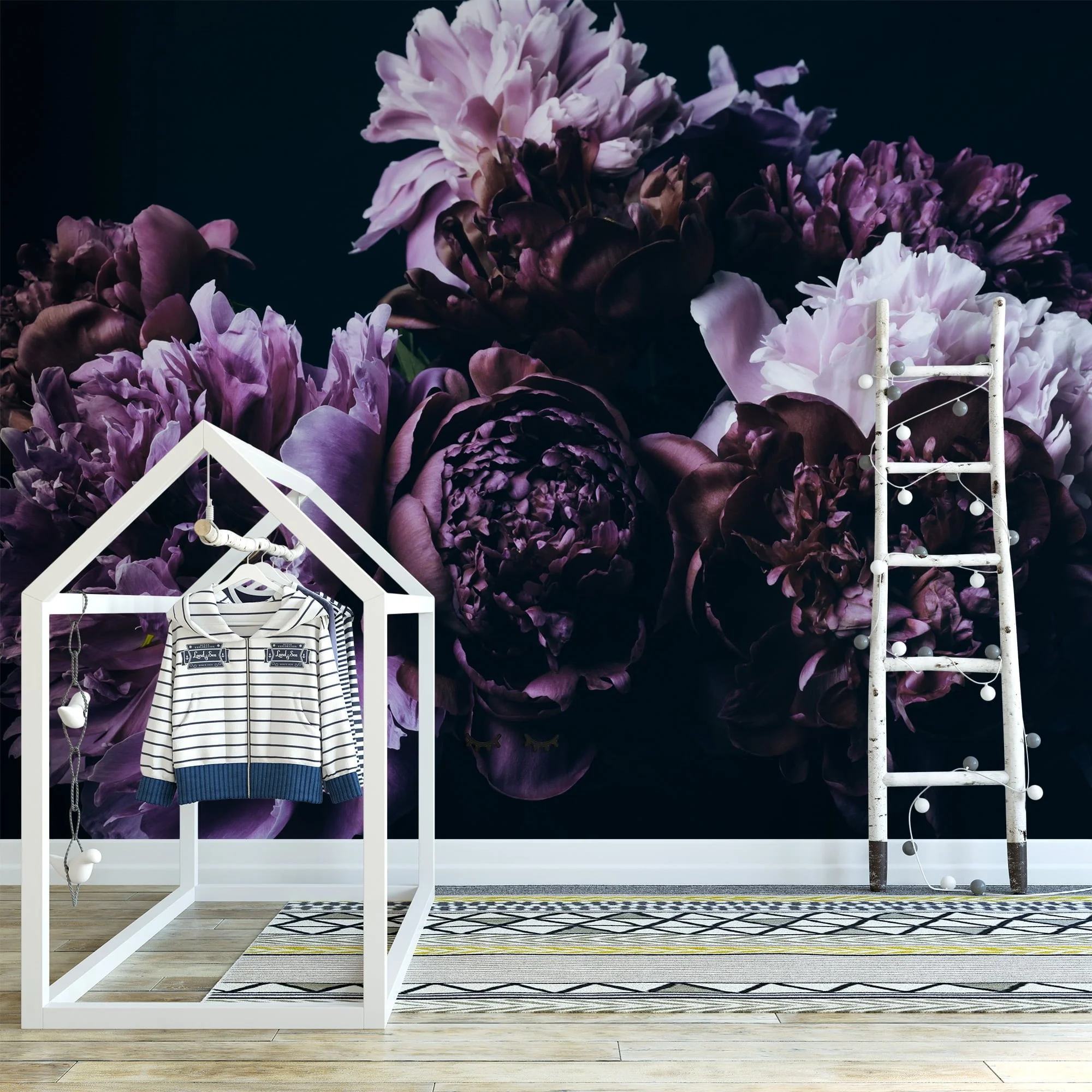 Elegant Large Violet Peonies on Black Background Wallpaper, Removable Self Adhesive Peel and Stick Wall Mural, Sophisticated Floral Print for a Modern Look