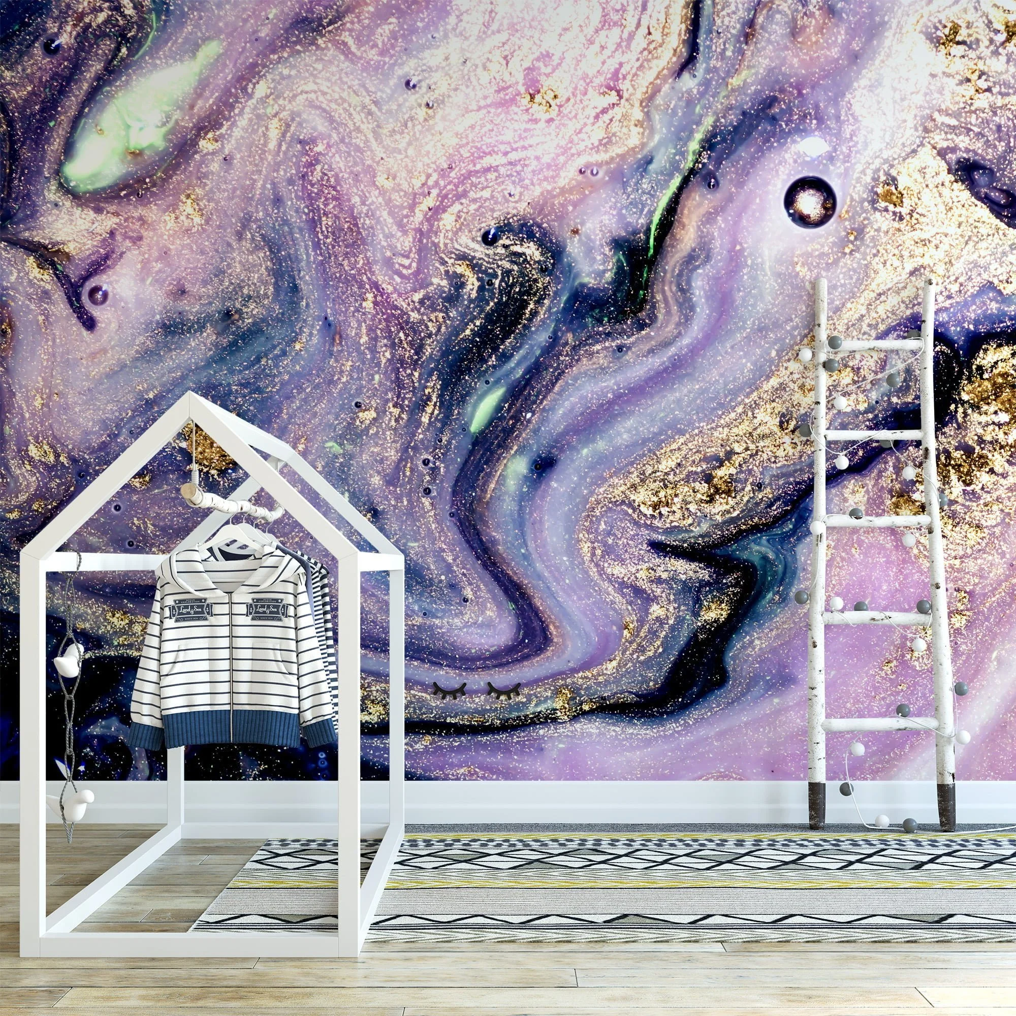 Grunge Purple and Gold Ink Wallpaper - Distressed Liquid Wall Covering with Black Background