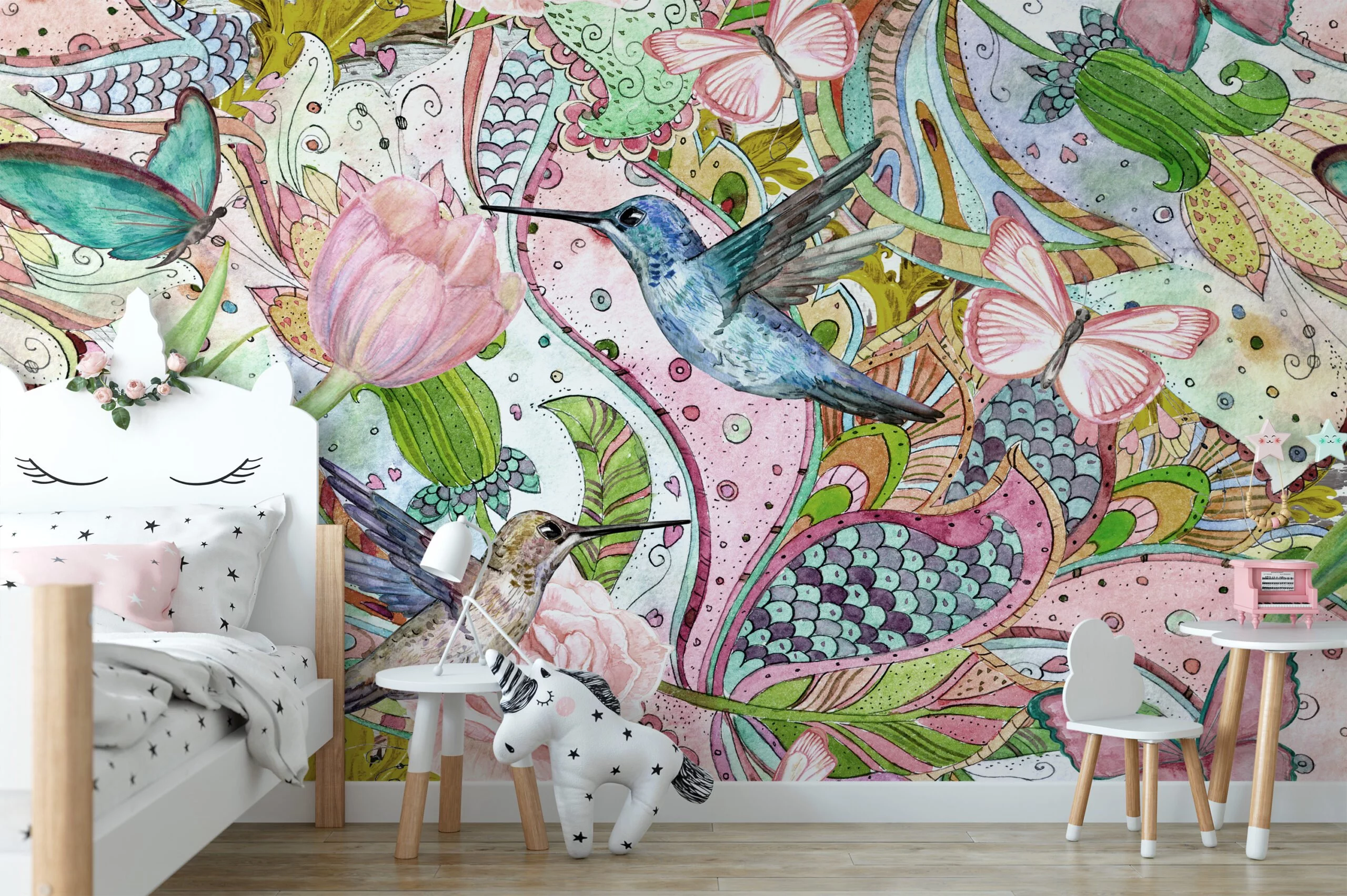 Flowers and Mockingbirds Painting Wallpaper, Whimsical and Artistic Peel and Stick Wall Mural, Self Adhesive Removable Wallpaper for a Playful Home Decor