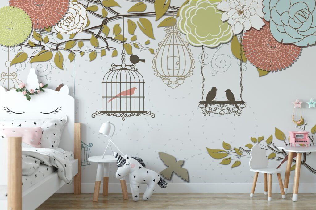 Illustrated Flowers and Birdcages Wallpaper, Playful and Charming Peel and Stick Wall Mural, Self Adhesive Removable Wallpaper for a Whimsical Home Decor