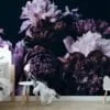 Elegant Large Violet Peonies on Black Background Wallpaper, Removable Self Adhesive Peel and Stick Wall Mural, Sophisticated Floral Print for a Modern Look