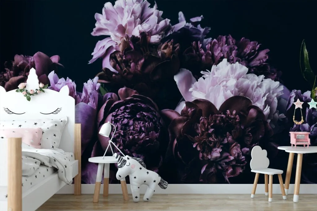 Elegant Large Violet Peonies on Black Background Wallpaper, Removable Self Adhesive Peel and Stick Wall Mural, Sophisticated Floral Print for a Modern Look