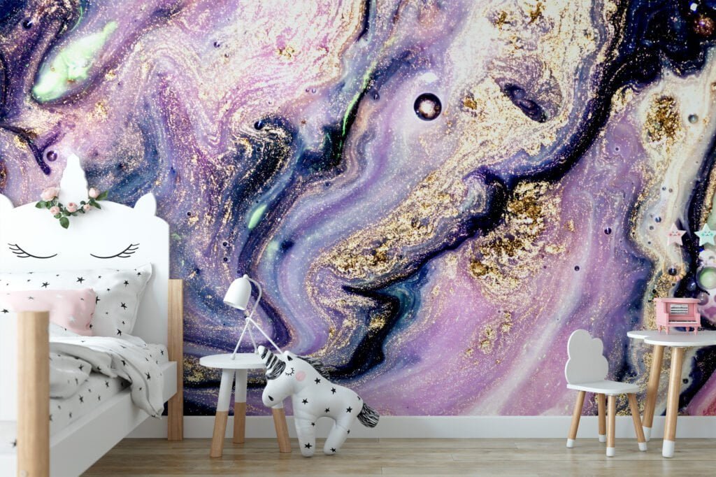 Grunge Purple and Gold Ink Wallpaper - Distressed Liquid Wall Covering with Black Background