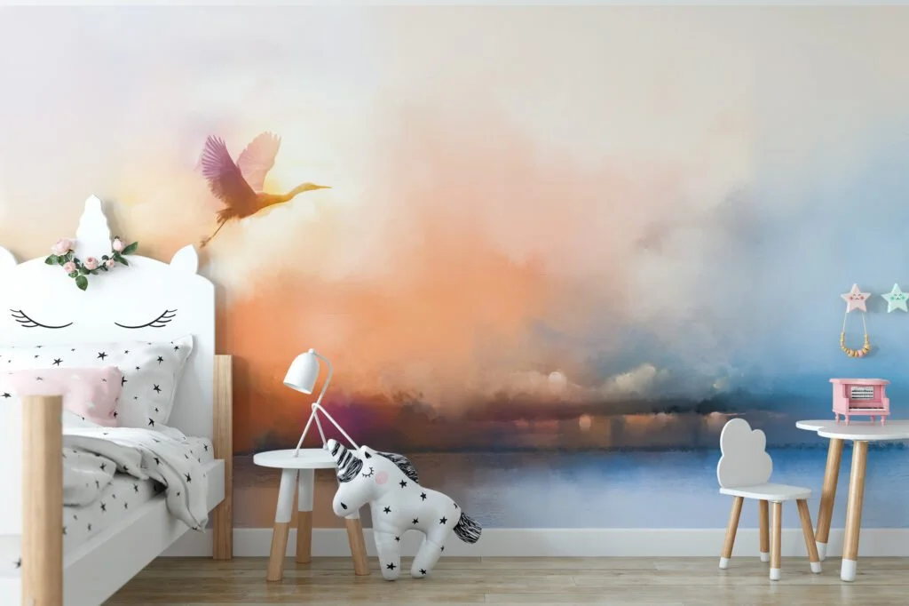 Soft Sunset Landscape Painting with Flying Bird Wallpaper, Serene and Tranquil Peel and Stick Wall Mural, Self Adhesive Removable Wallpaper for Bedroom or Living Room