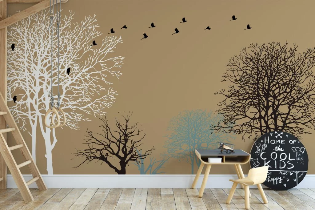 Peel and Stick Minimalist Trees and Birds Wallpaper with Customizable Sizes and Removable Properties for Modern Wall Decor in Living Rooms or Bedrooms