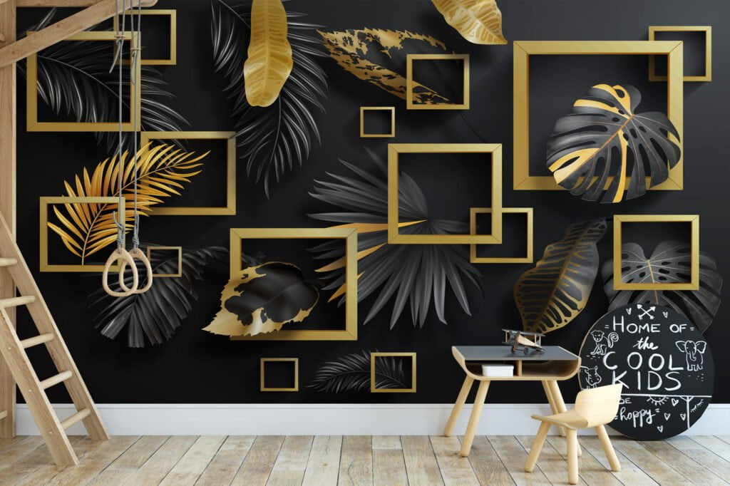 Geometric Black And Gold Leaves Wallpaper, Bold and Elegant Peel and Stick Wall Mural, Self Adhesive Removable Wallpaper for Modern Home Decor