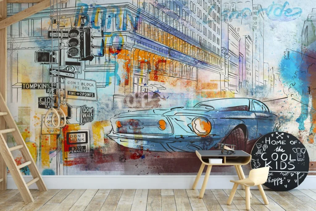 Urban Style Car with Line Art Wallpaper, Contemporary and Stylish Peel and Stick Wall Mural, Self Adhesive Removable Wallpaper for Car Enthusiasts