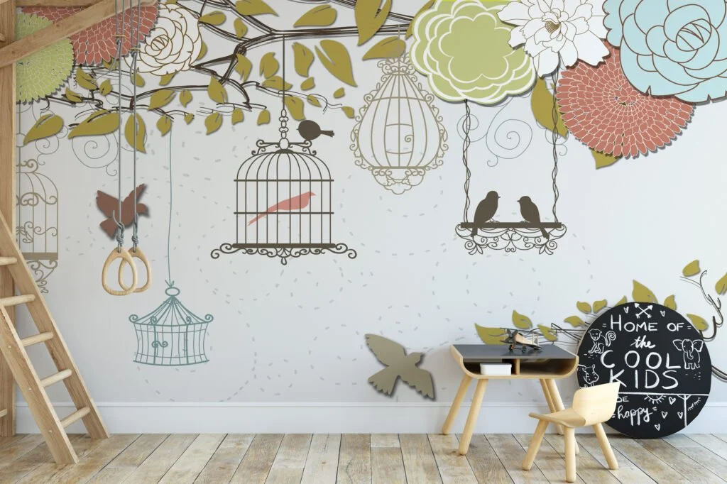 Illustrated Flowers and Birdcages Wallpaper, Playful and Charming Peel and Stick Wall Mural, Self Adhesive Removable Wallpaper for a Whimsical Home Decor