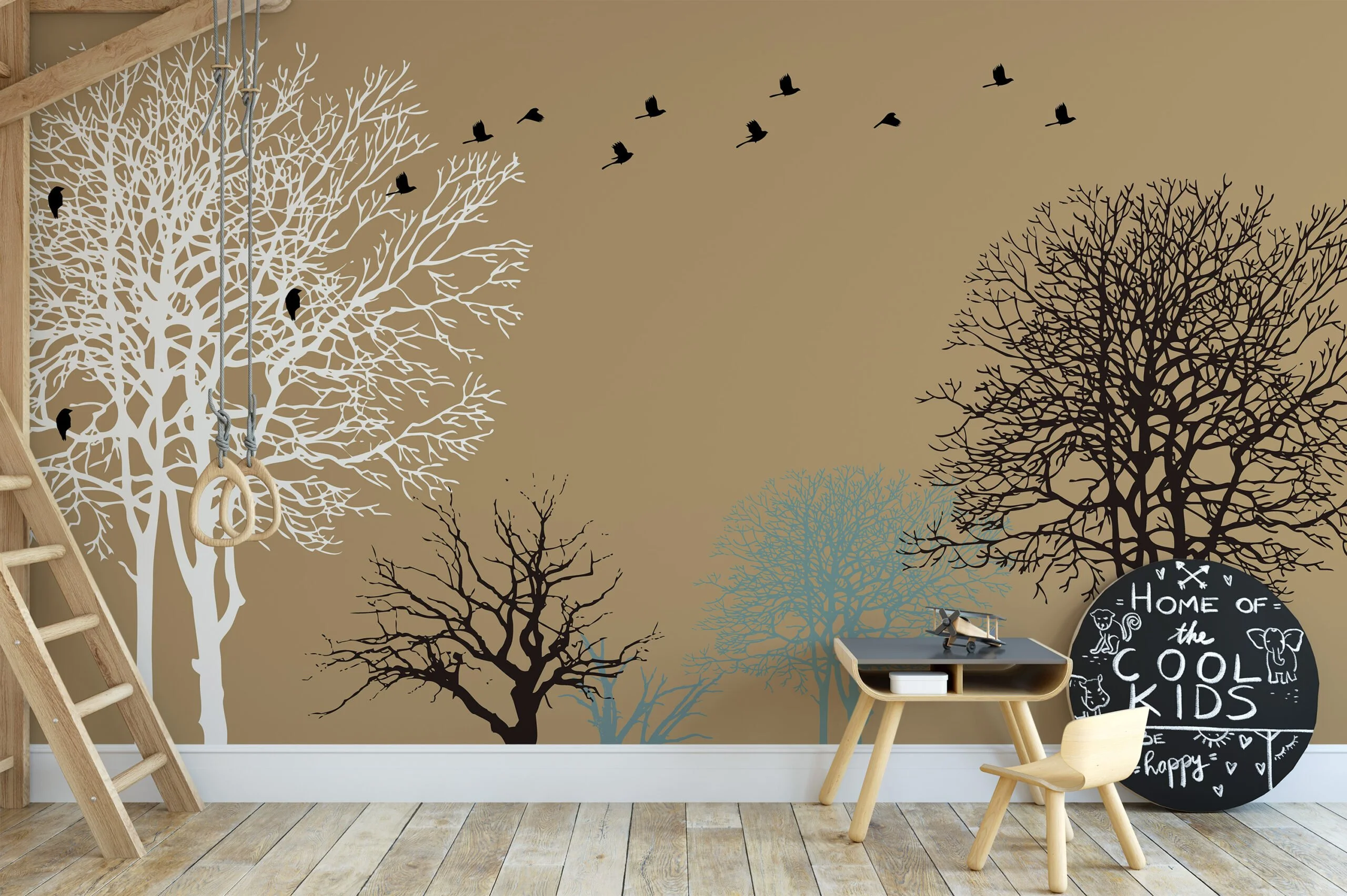 Peel and Stick Minimalist Trees and Birds Wallpaper with Customizable Sizes and Removable Properties for Modern Wall Decor in Living Rooms or Bedrooms