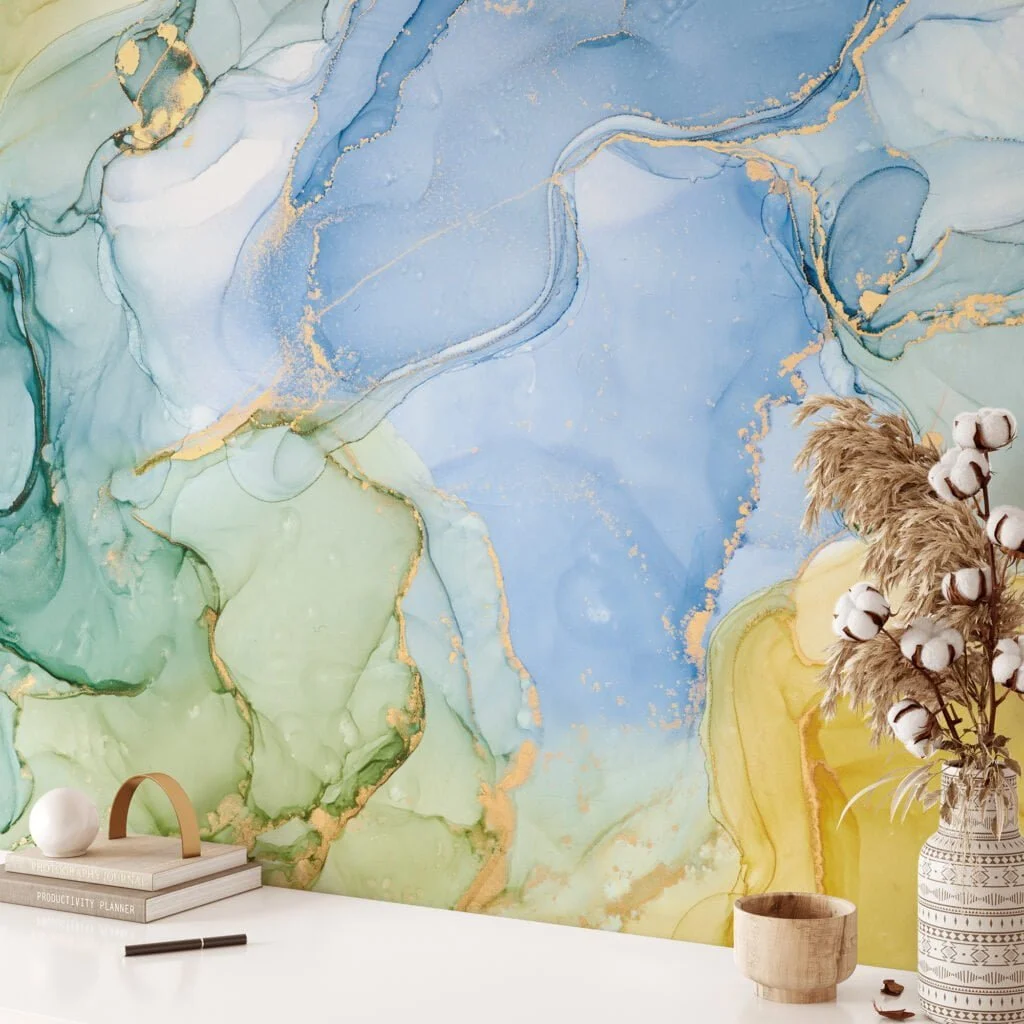 Refreshing Green, Blue, and Yellow Marble Texture Wallpaper for a Vibrant and Modern Home Decor