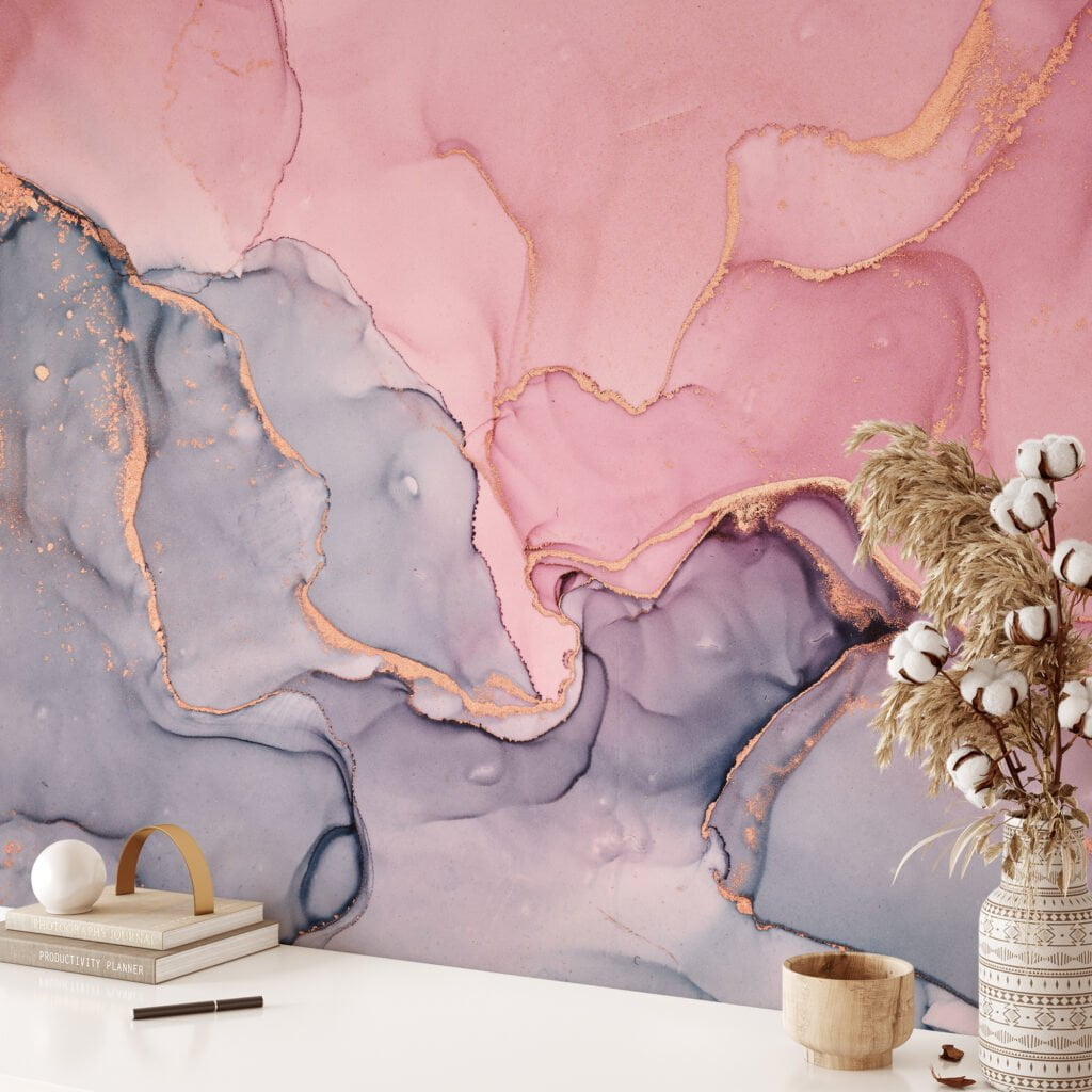 Elegant and Striking Pink and Dark Grey Marble Effect Wallpaper for a Contemporary and Refined Home Decor