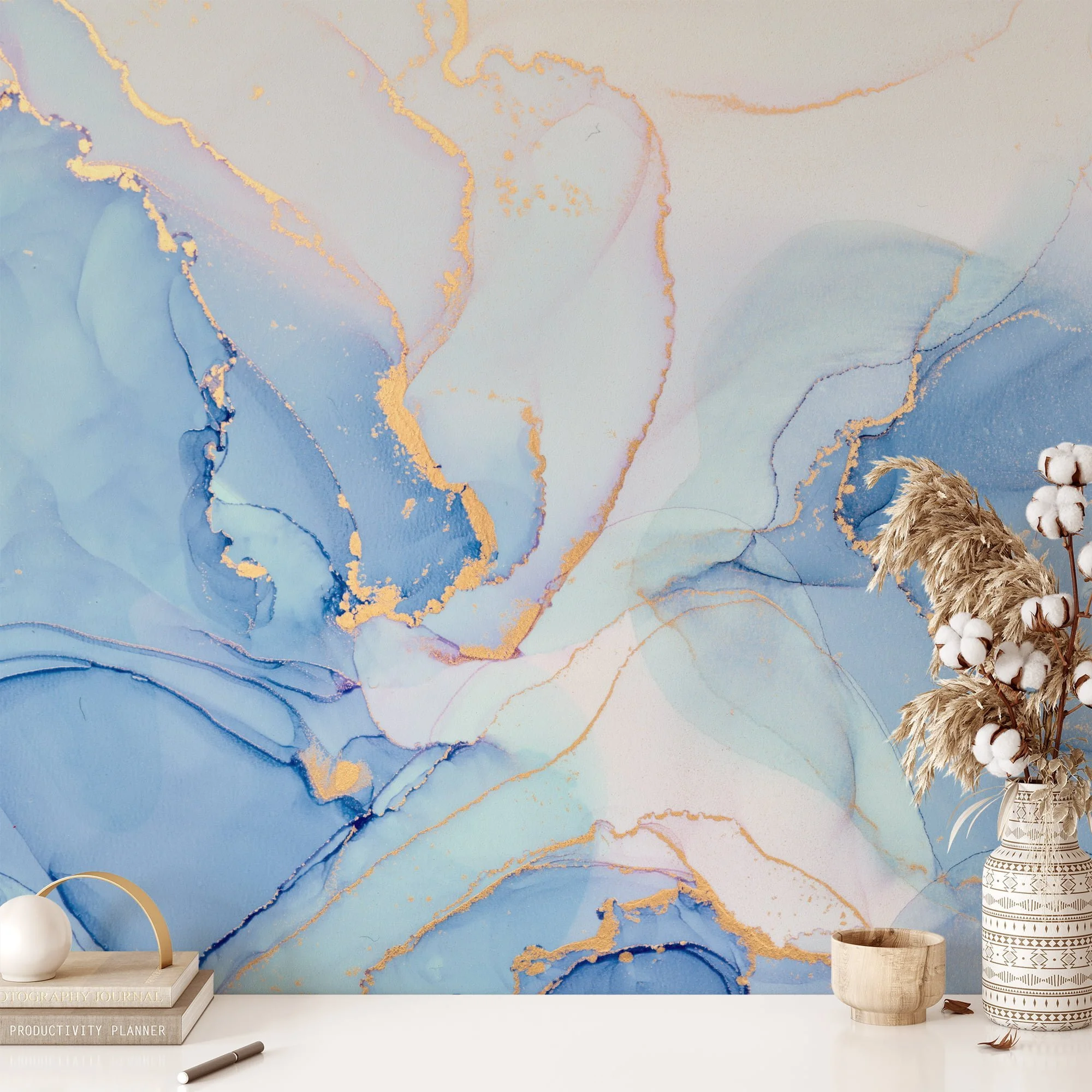 Soft and Serene Baby Blue Ink Art Wallpaper for a Calming and Tranquil Home Decor