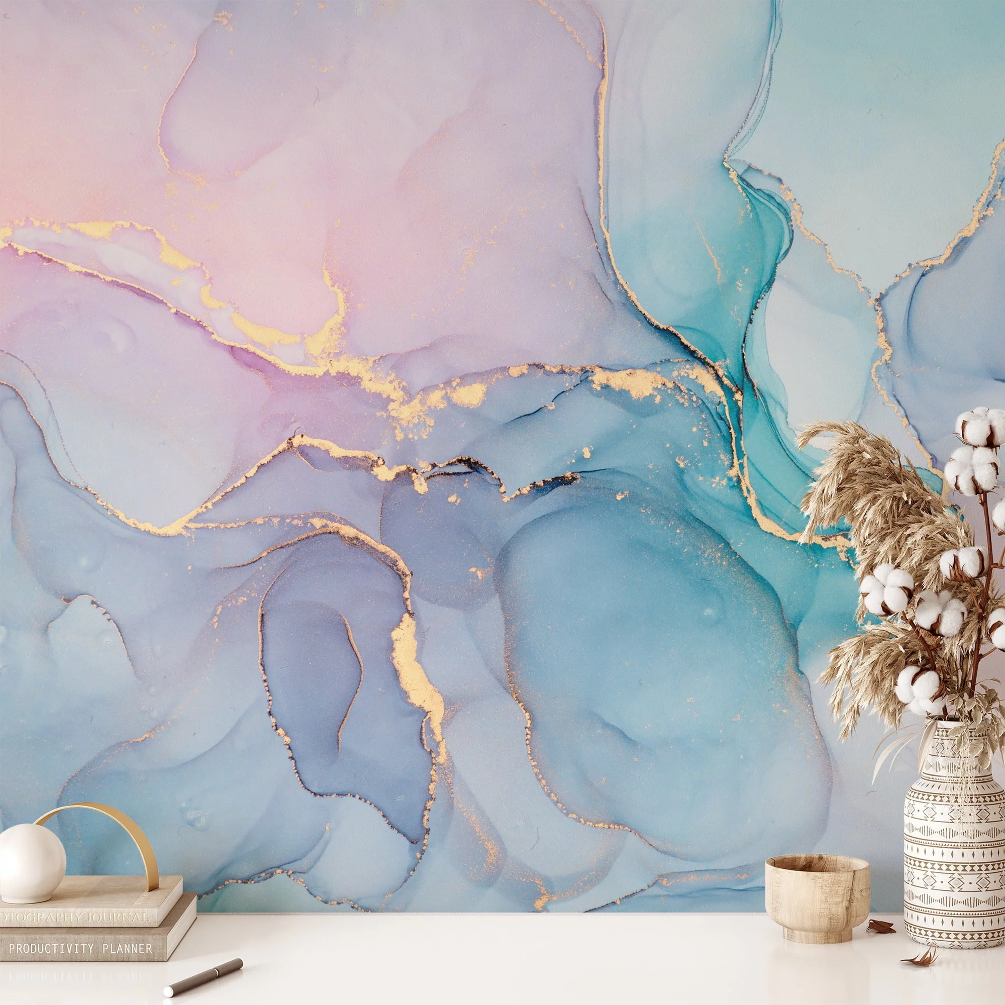 Dreamy and Serene Colorful Pastel Ink Art Wallpaper for a Whimsical and Calming Home Decor