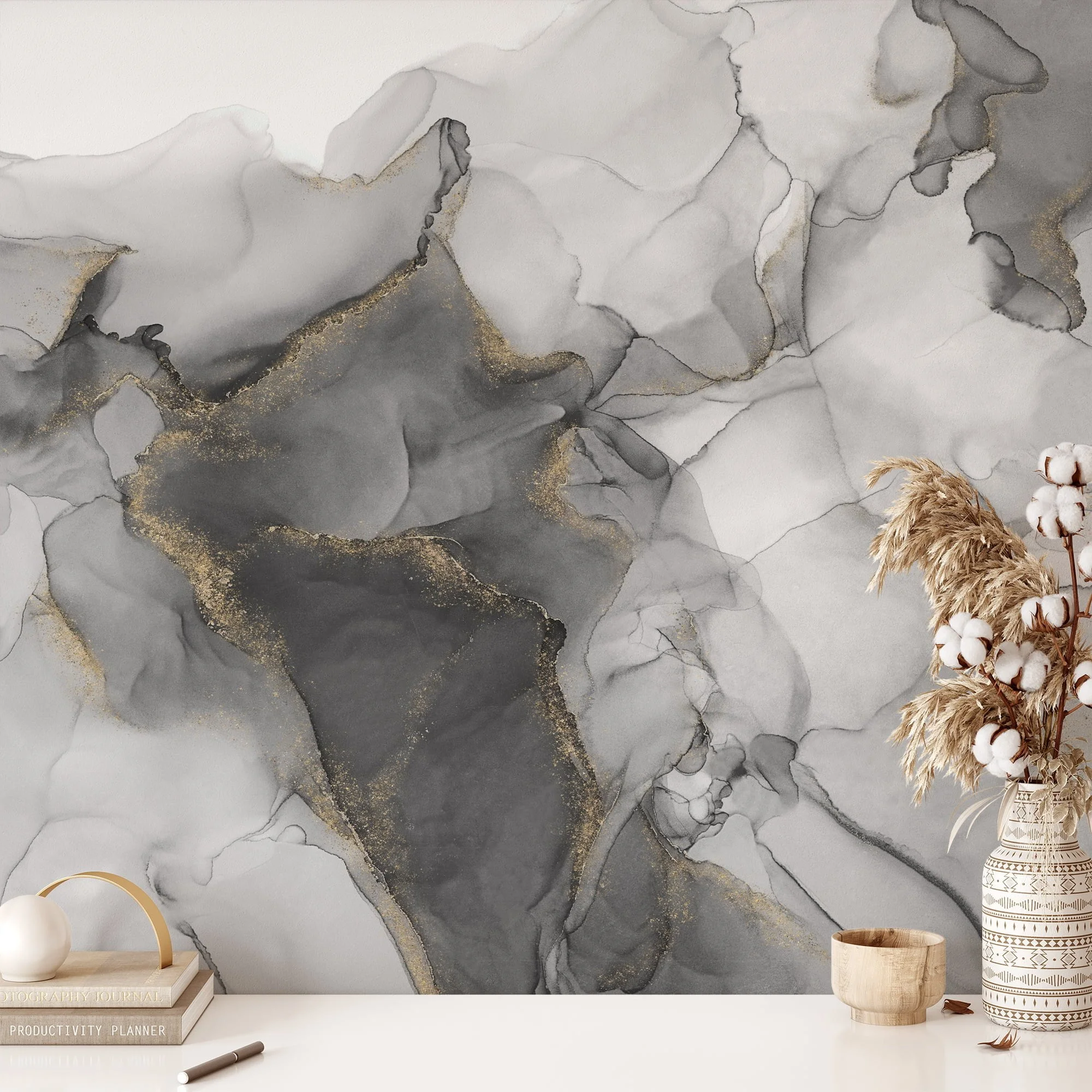 Soothing and Subtle Shades of Grey Ink and Fluid Art Wallpaper for a Serene and Contemporary Home Ambience