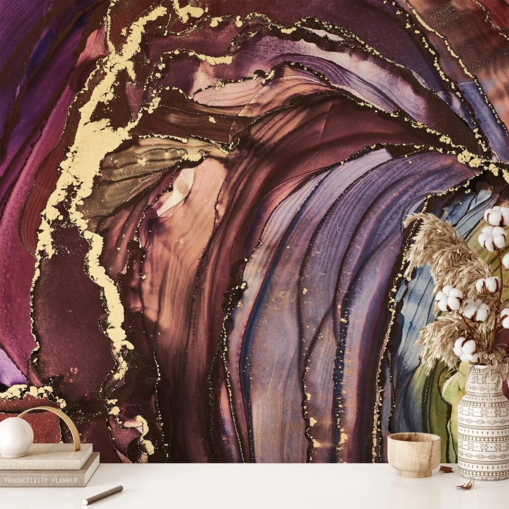 Opulent Gold and Dynamic Mixed Colored Ink Art Wallpaper for a Luxurious and Artistic Home Decor