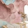 Elegant Rose Gold and Serene Blue Ink Art Wallpaper for a Sophisticated and Tranquil Home Ambience