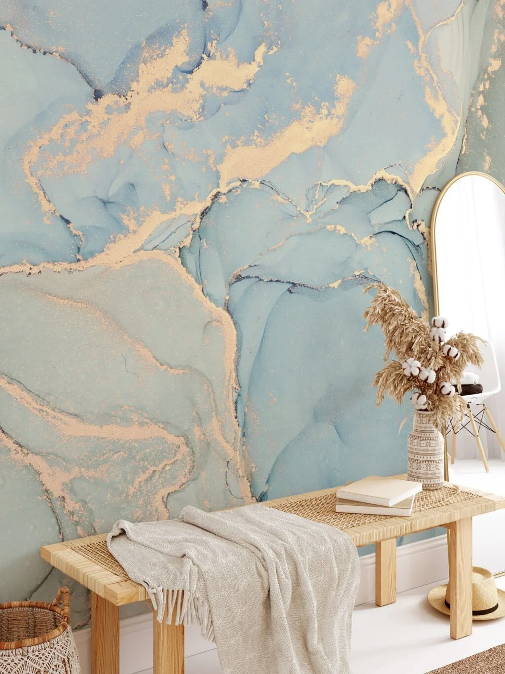 Refreshing Mint Green and Blue Marble Texture Wallpaper for a Serene and Modern Home Decor