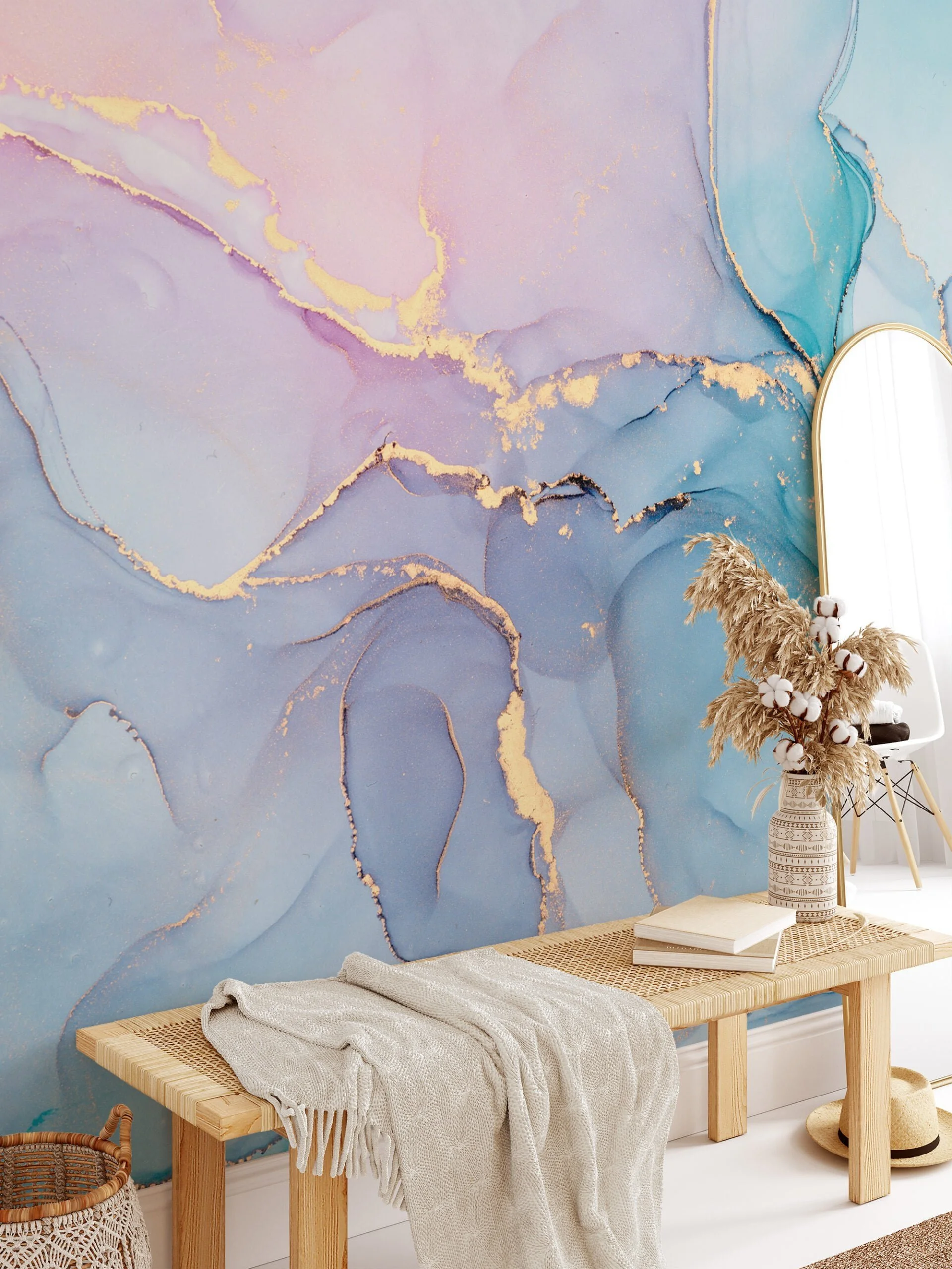 Dreamy and Serene Colorful Pastel Ink Art Wallpaper for a Whimsical and Calming Home Decor