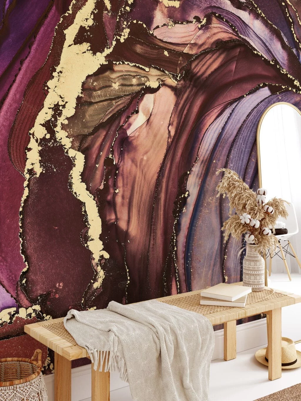 Opulent Gold and Dynamic Mixed Colored Ink Art Wallpaper for a Luxurious and Artistic Home Decor