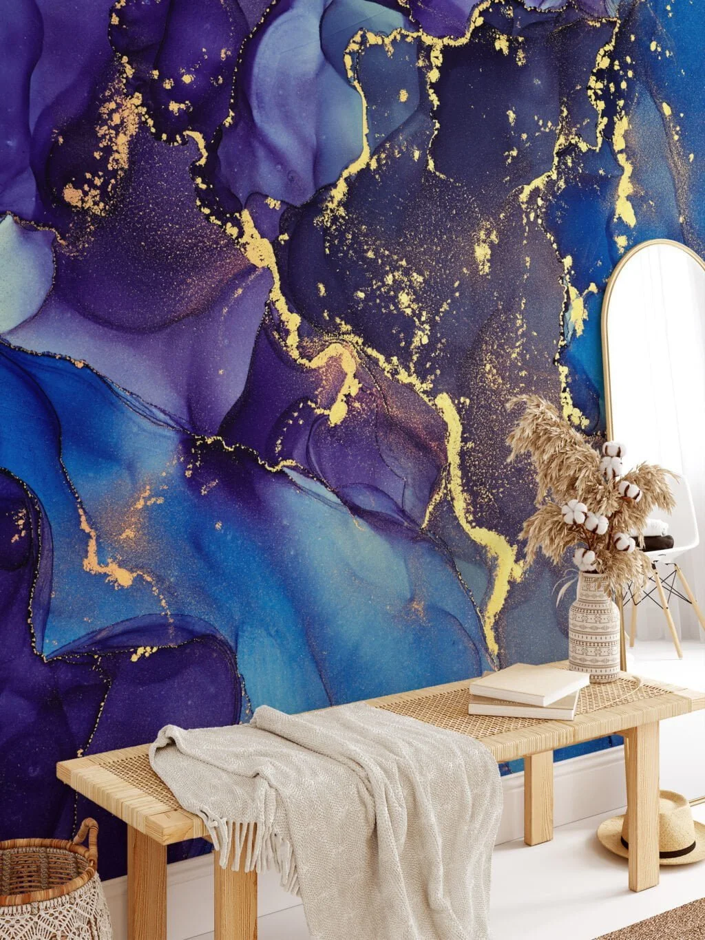 Indulge in the captivating beauty of our Dark Blue and Purple Marble Effect Wallpaper