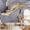 Sophisticated Grey and Gold Ink Art Wallpaper for an Elegant and Luxurious Home Ambiance