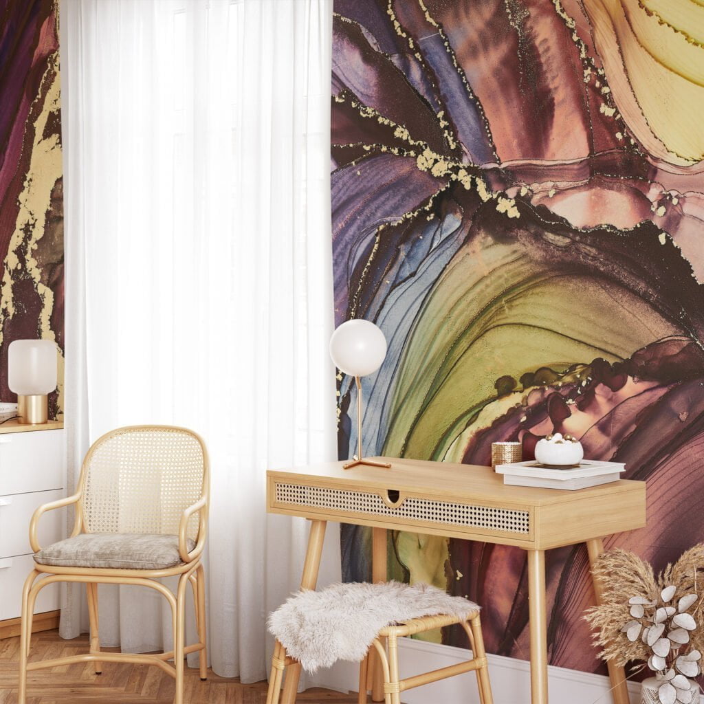 Opulent Gold and Dynamic Mixed Colored Ink Art Wallpaper for a Luxurious and Artistic Home Decor