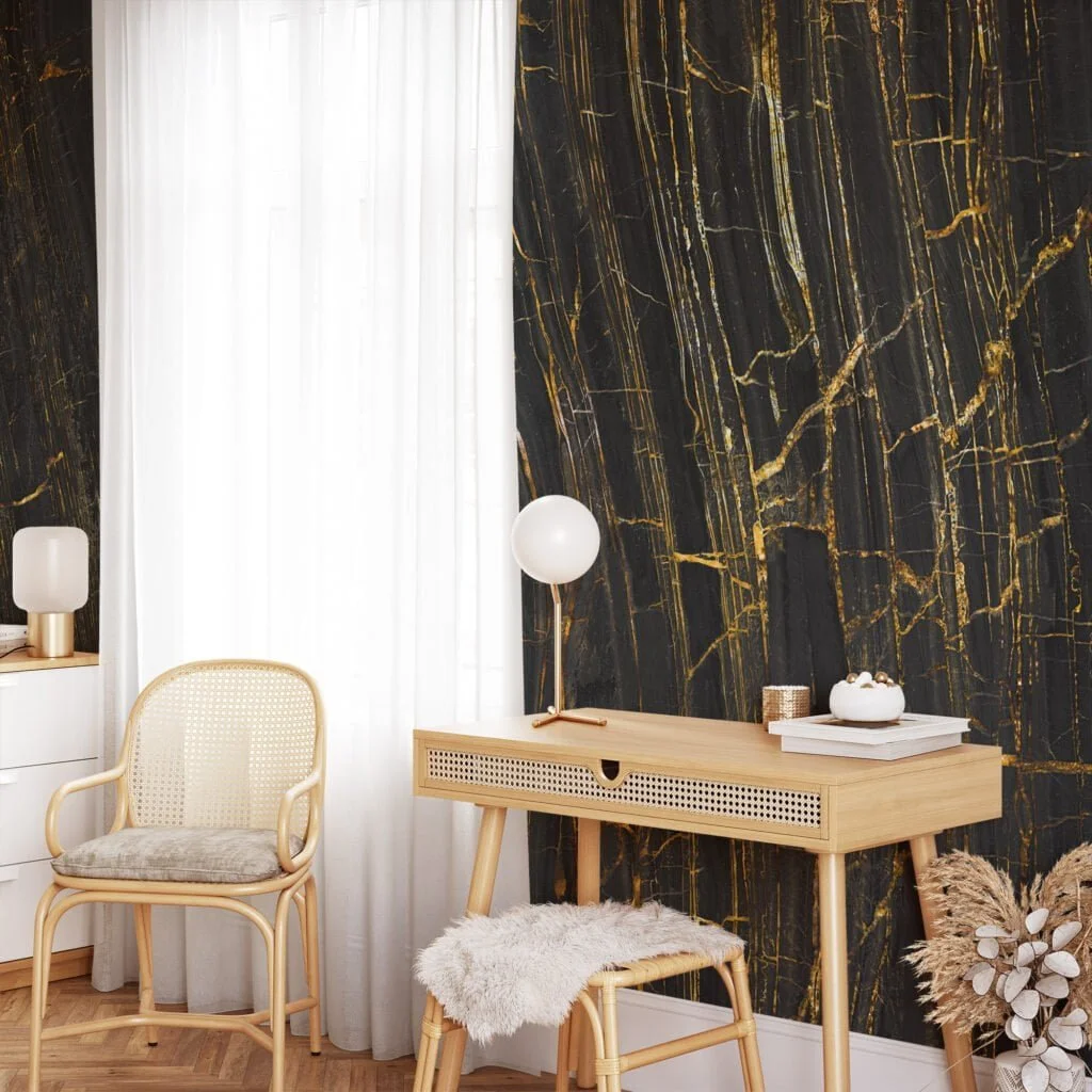 Elegant Black Stone Marble with Gilded Golden Lines Wallpaper for a Luxurious and Striking Home Ambience