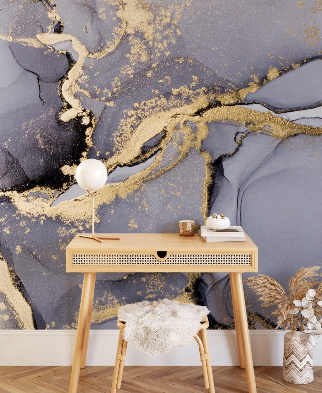 Sophisticated Grey and Gold Ink Art Wallpaper for an Elegant and Luxurious Home Ambiance