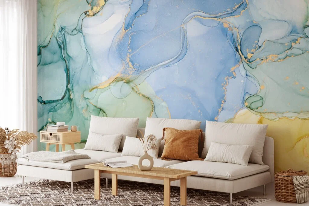 Refreshing Green, Blue, and Yellow Marble Texture Wallpaper for a Vibrant and Modern Home Decor