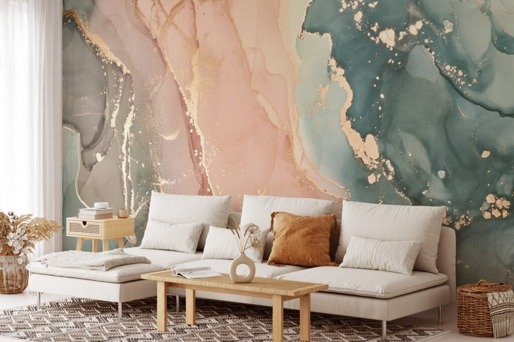 Mesmerizing Mixed-Colored Ink Art with Gilded Flakes Wallpaper for a Captivating and Opulent Home Ambience