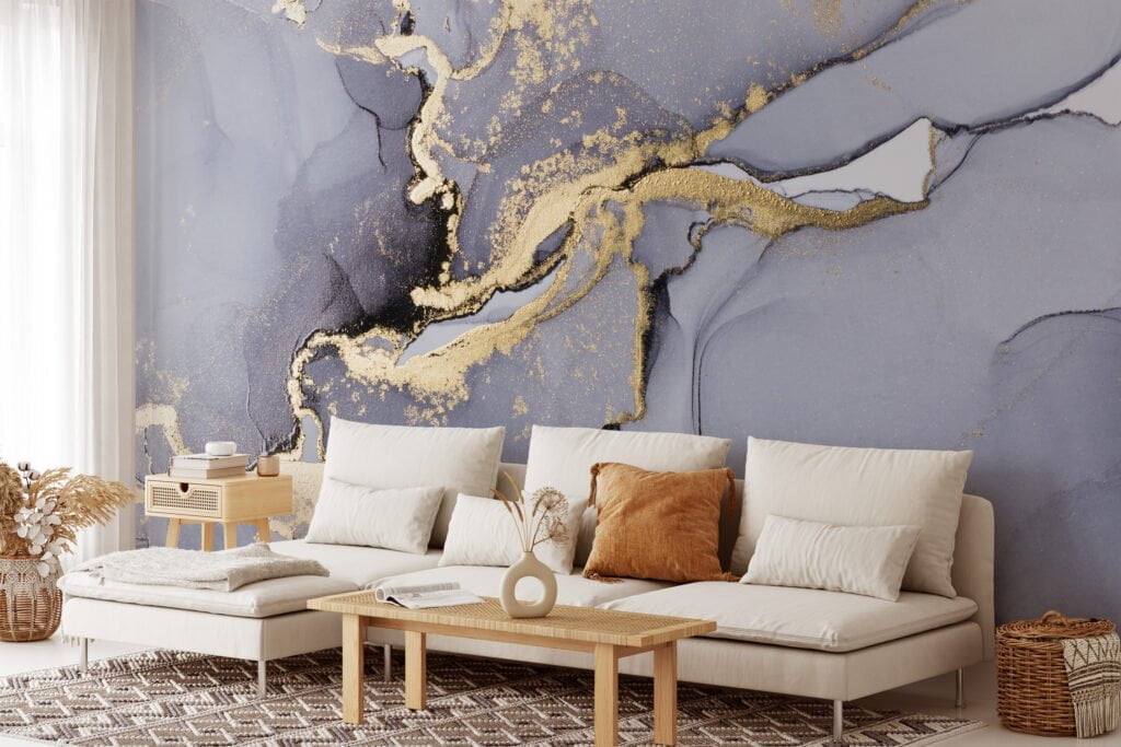 Sophisticated Grey and Gold Ink Art Wallpaper for an Elegant and Luxurious Home Ambiance