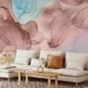 Elegant Rose Gold and Serene Blue Ink Art Wallpaper for a Sophisticated and Tranquil Home Ambience